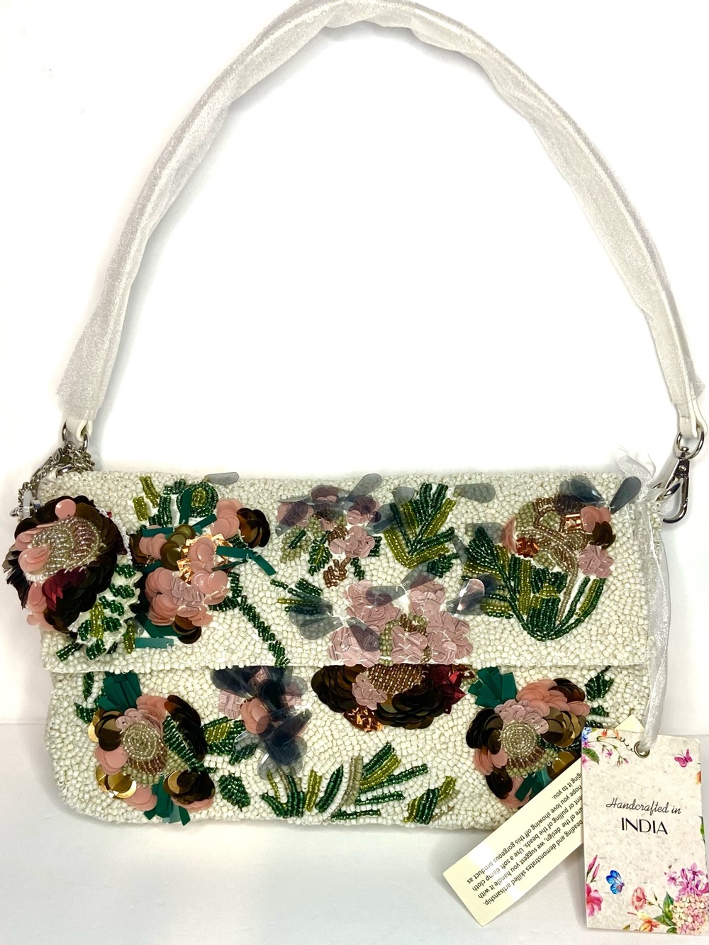 Beaded Floral Embellished White Shoulder Bag w 5 random gifts (pre packed)